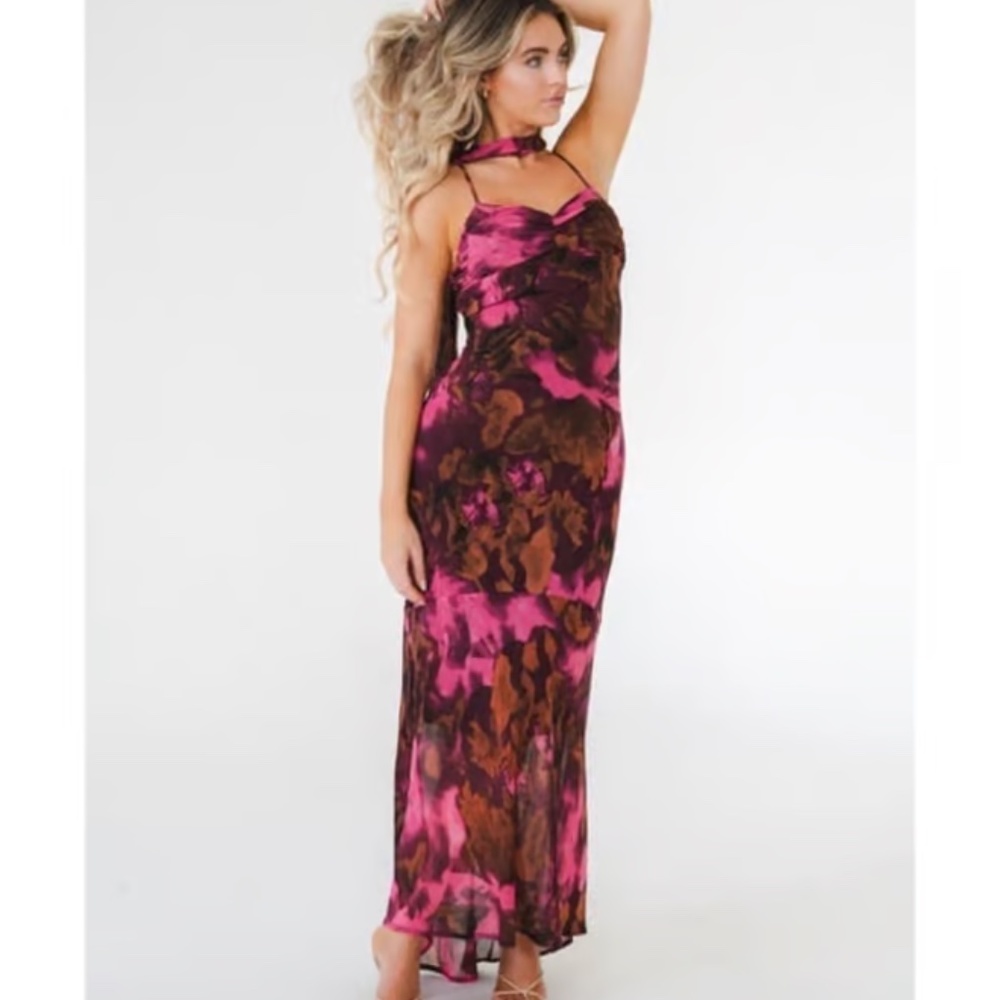 Printed Chiffon Maxi Dress with Scarf
